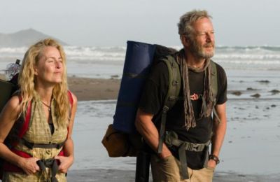 Gillian Anderson as Ray and Jascon Issacs as Moth - during a beach scene on The Salt Path. (Photo: Steve Tanner/Black Bear)